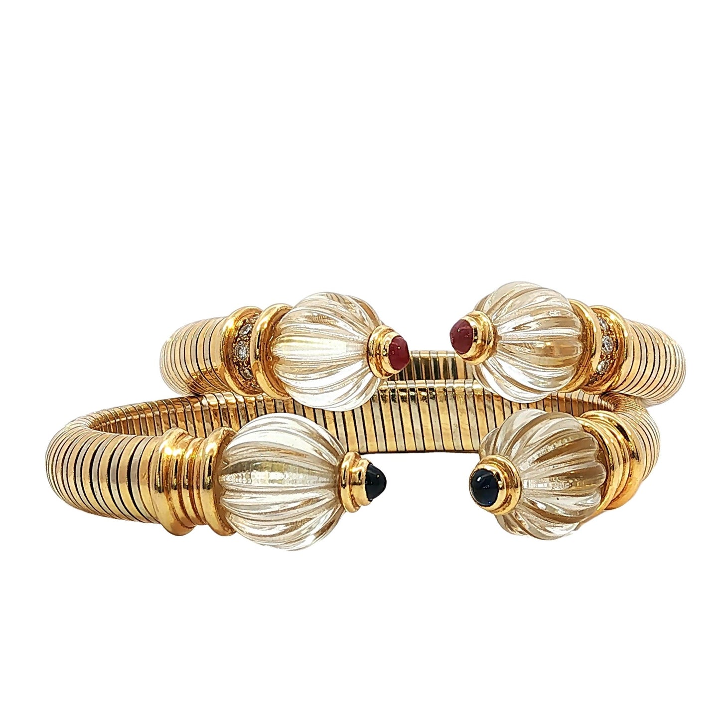 Vintage Boucheron Pair of Rock Crystal Sapphire Ruby Diamond 18K Bangle Cuff
