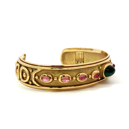 Vintage Denise Roberge Egyptian Revival Tourmaline Cuff Bracelet 18 Karat Gold