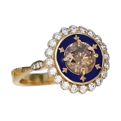 1.36 CT Cognac Champagne Diamond & Royal Blue Enamel Cluster Ring in 18K Yellow Gold