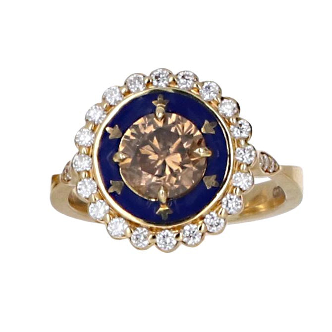 1.36 CT Cognac Champagne Diamond & Royal Blue Enamel Cluster Ring in 18K Yellow Gold