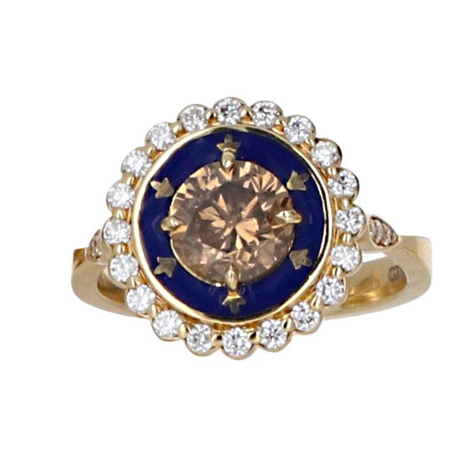 1.36 CT Cognac Champagne Diamond & Royal Blue Enamel Cluster Ring in 18K Yellow Gold