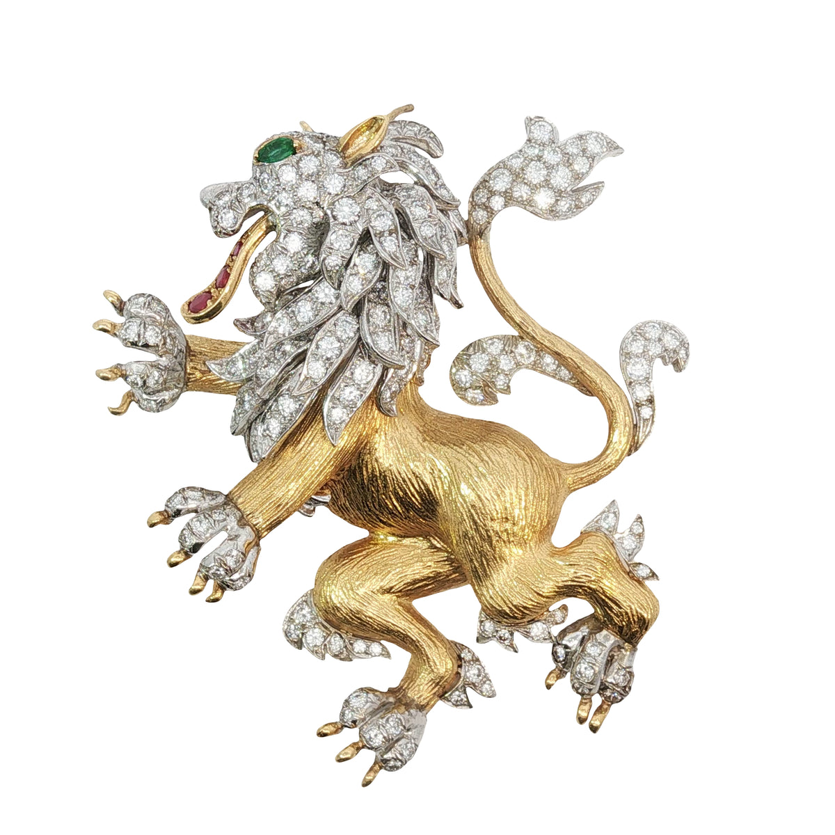 Vintage Hammerman Bros. Diamond Emerald Ruby Lion Rampant Brooch Pendant 18K Gold