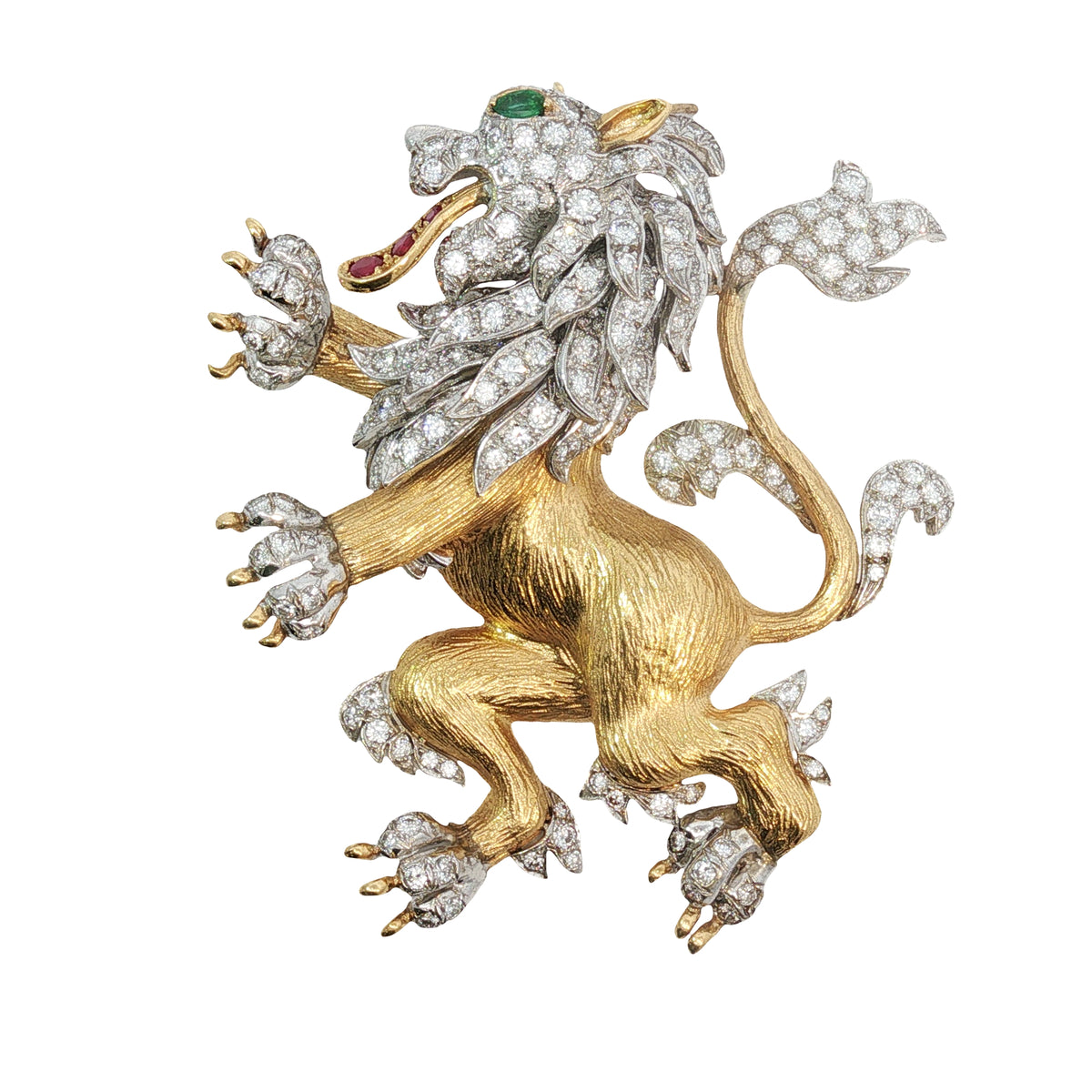 Vintage Hammerman Bros. Diamond Emerald Ruby Lion Rampant Brooch Pendant 18K Gold