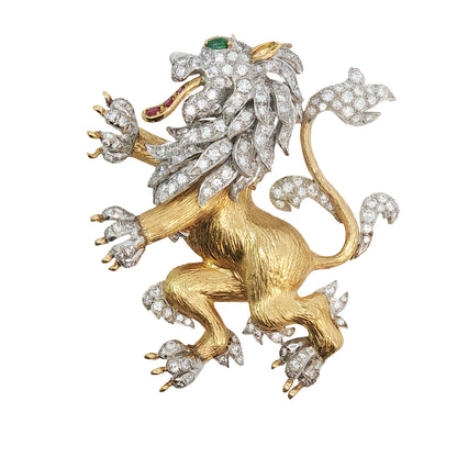 Vintage Hammerman Bros. Diamond Emerald Ruby Lion Rampant Brooch Pendant 18K Gold