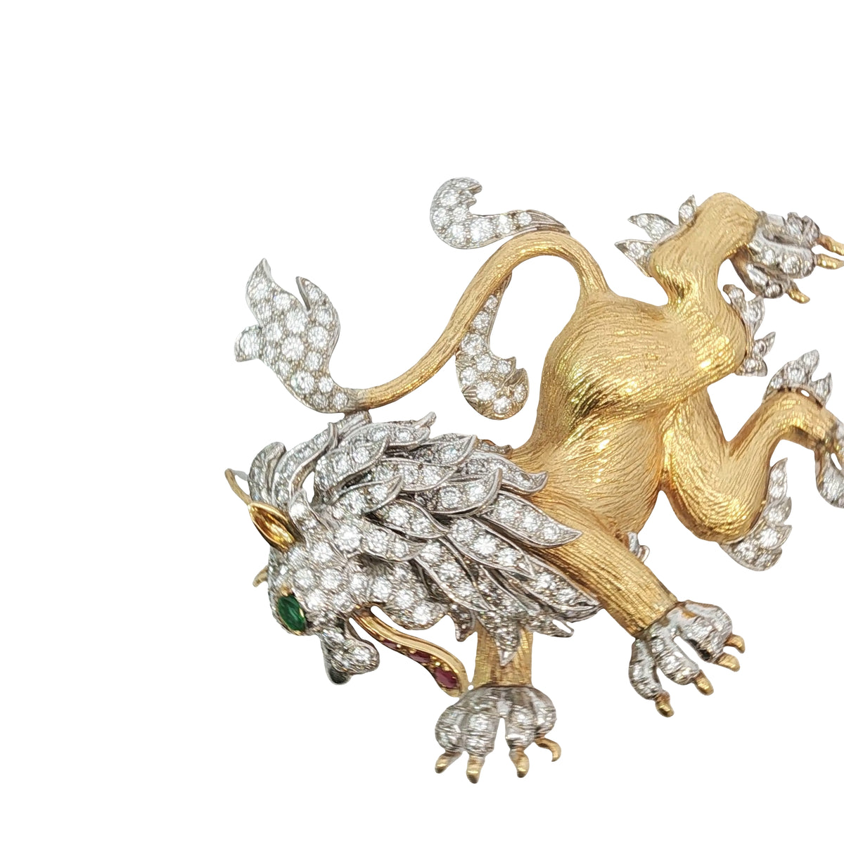 Vintage Hammerman Bros. Diamond Emerald Ruby Lion Rampant Brooch Pendant 18K Gold