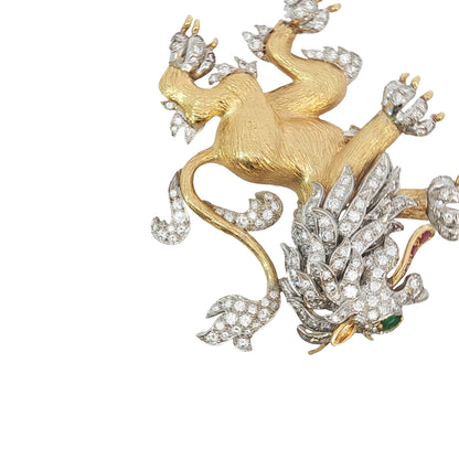 Vintage Hammerman Bros. Diamond Emerald Ruby Lion Rampant Brooch Pendant 18K Gold