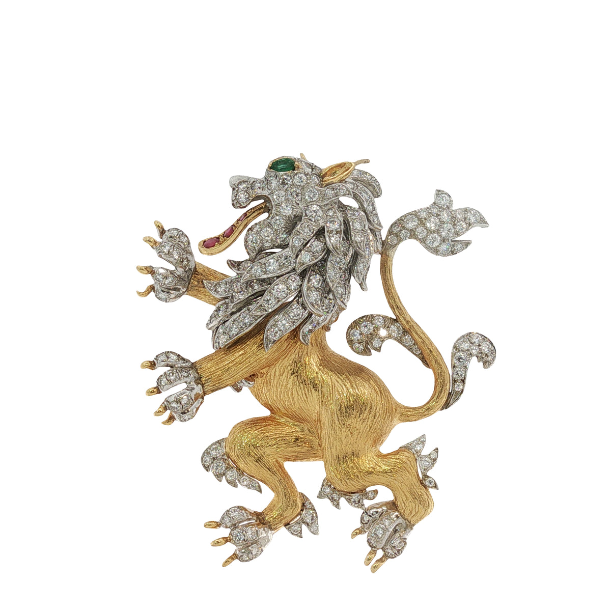 Vintage Hammerman Bros. Diamond Emerald Ruby Lion Rampant Brooch Pendant 18K Gold