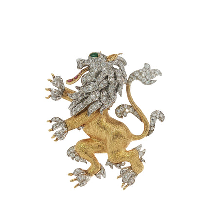 Vintage Hammerman Bros. Diamond Emerald Ruby Lion Rampant Brooch Pendant 18K Gold