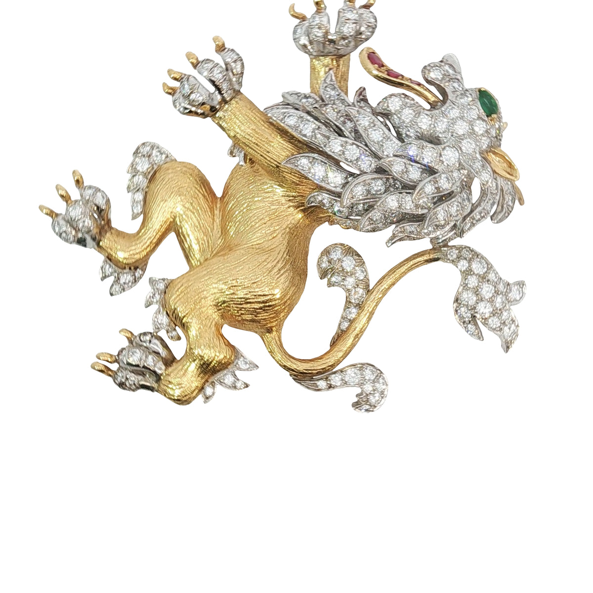 Vintage Hammerman Bros. Diamond Emerald Ruby Lion Rampant Brooch Pendant 18K Gold