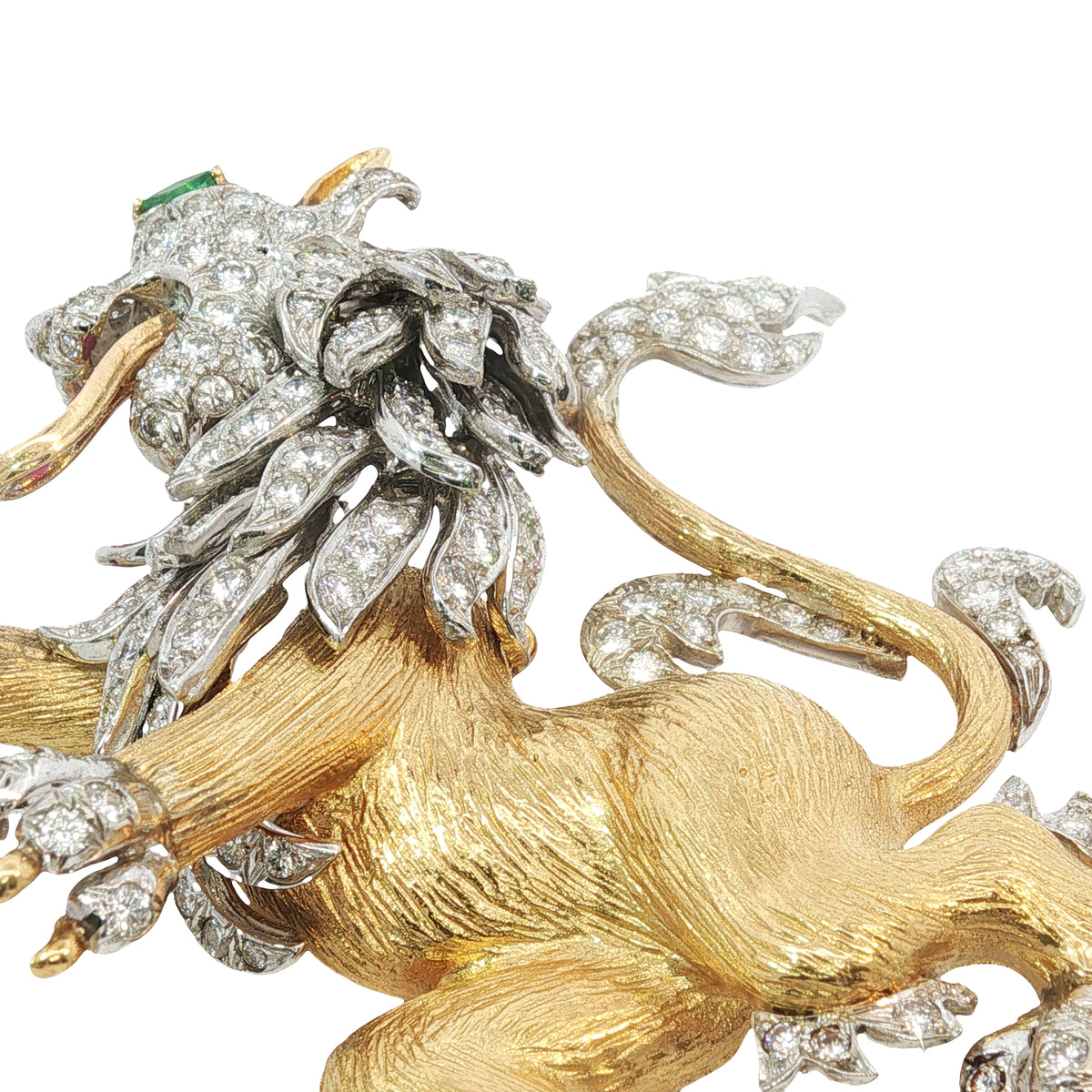 Vintage Hammerman Bros. Diamond Emerald Ruby Lion Rampant Brooch Pendant 18K Gold