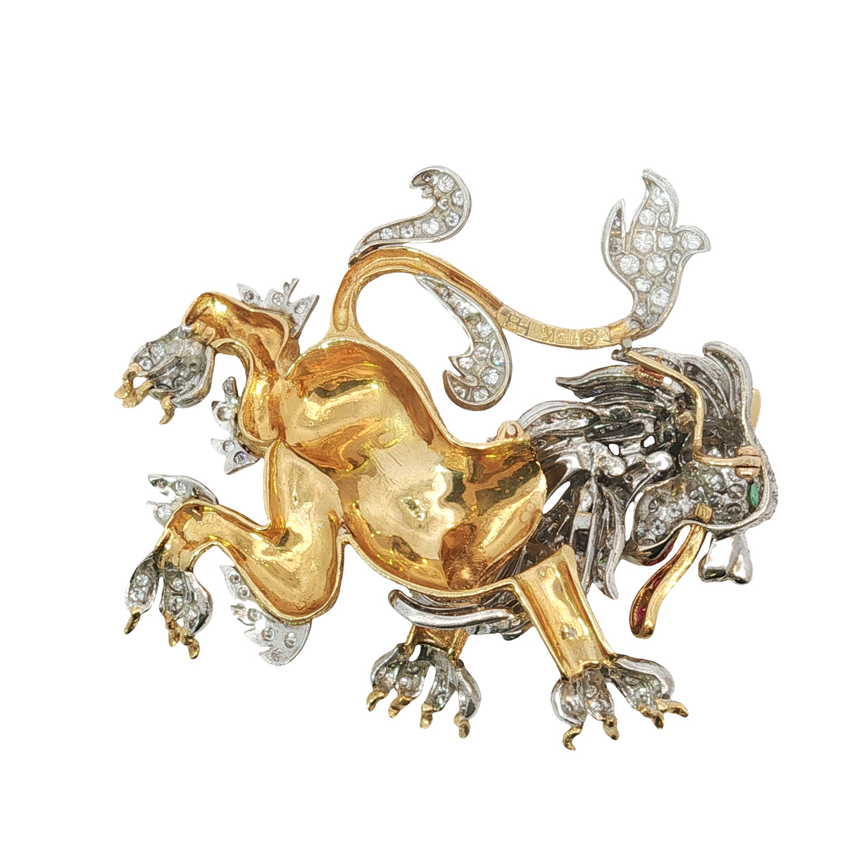 Vintage Hammerman Bros. Diamond Emerald Ruby Lion Rampant Brooch Pendant 18K Gold