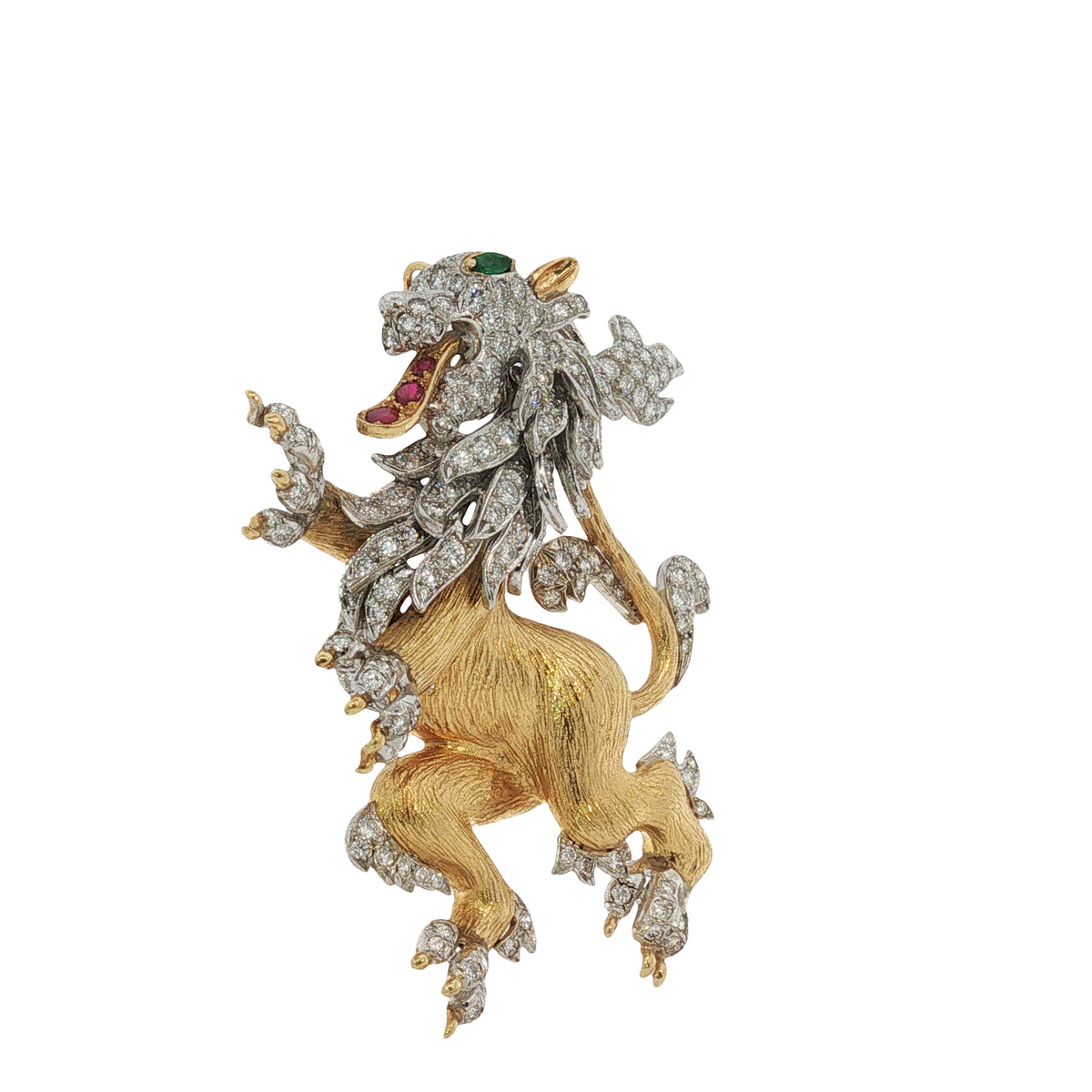 Vintage Hammerman Bros. Diamond Emerald Ruby Lion Rampant Brooch Pendant 18K Gold