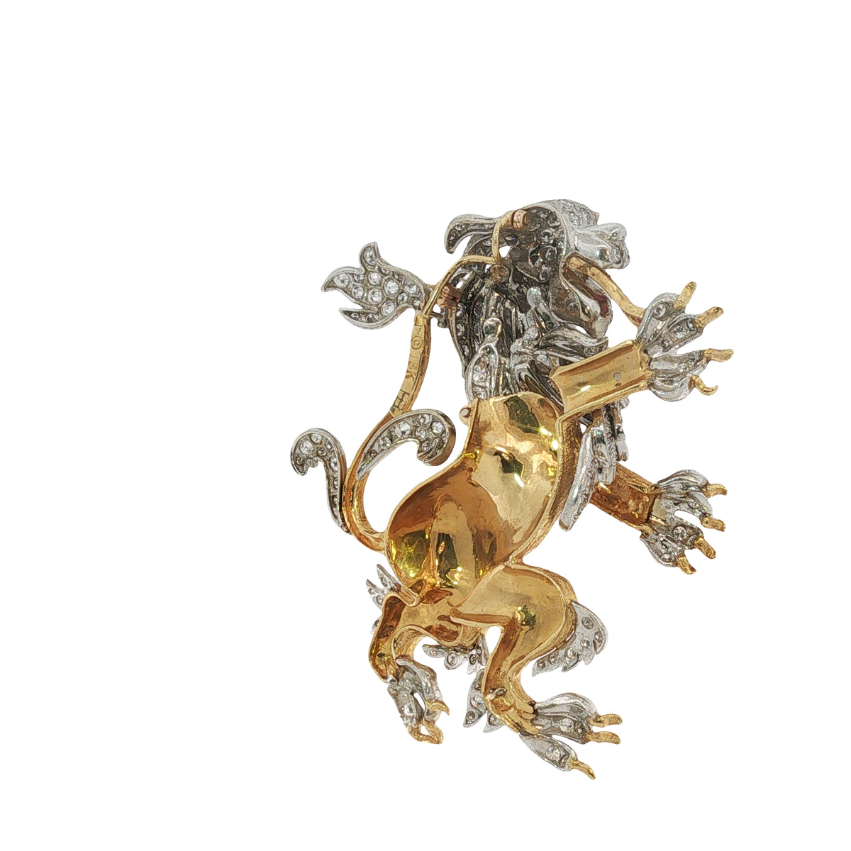 Vintage Hammerman Bros. Diamond Emerald Ruby Lion Rampant Brooch Pendant 18K Gold