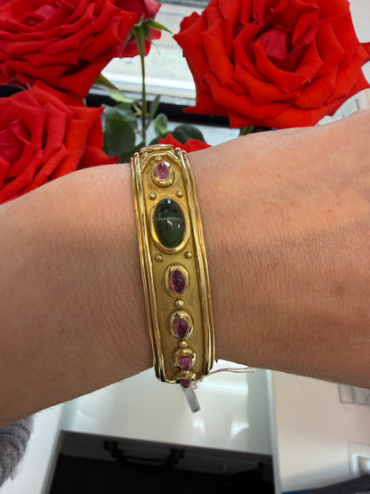 Vintage Denise Roberge Egyptian Revival Tourmaline Cuff Bracelet 18 Karat Gold