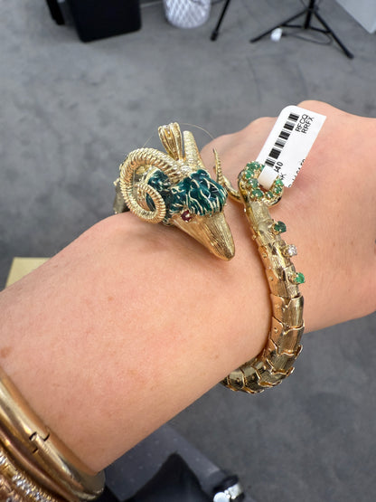Retro 14K Gold Ram Head Bangle with Emeralds, Diamonds & Ruby Eyes