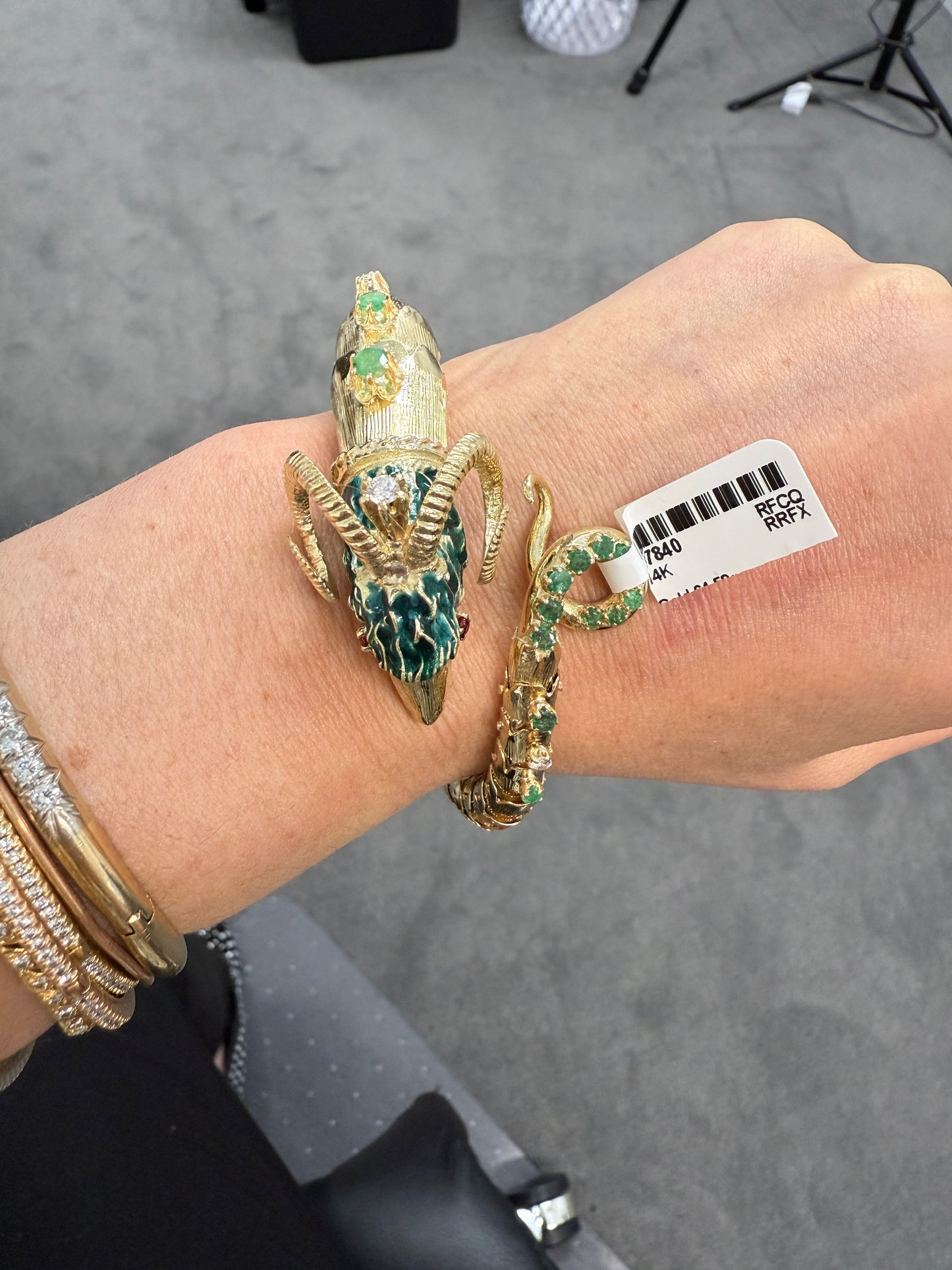 Retro 14K Gold Ram Head Bangle with Emeralds, Diamonds & Ruby Eyes