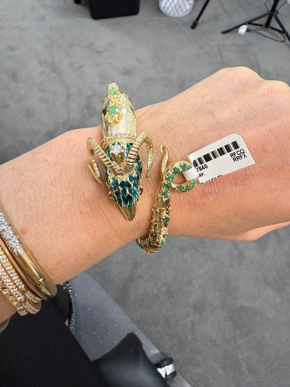 Retro 14K Gold Ram Head Bangle with Emeralds, Diamonds & Ruby Eyes