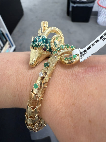 Retro 14K Gold Ram Head Bangle with Emeralds, Diamonds & Ruby Eyes