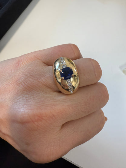 Retro 14K Yellow Gold Dome Ring with Blue Sapphire and Diamonds