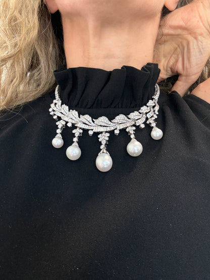 Platinum South Sea Pearl & Multi-Cut Diamond Fringe Festoon Necklace (106.5g)