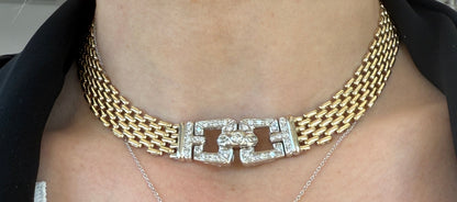 14K Yellow and White Gold Diamond Buckle Necklace, 0.75ctw, Retro Statement Choker