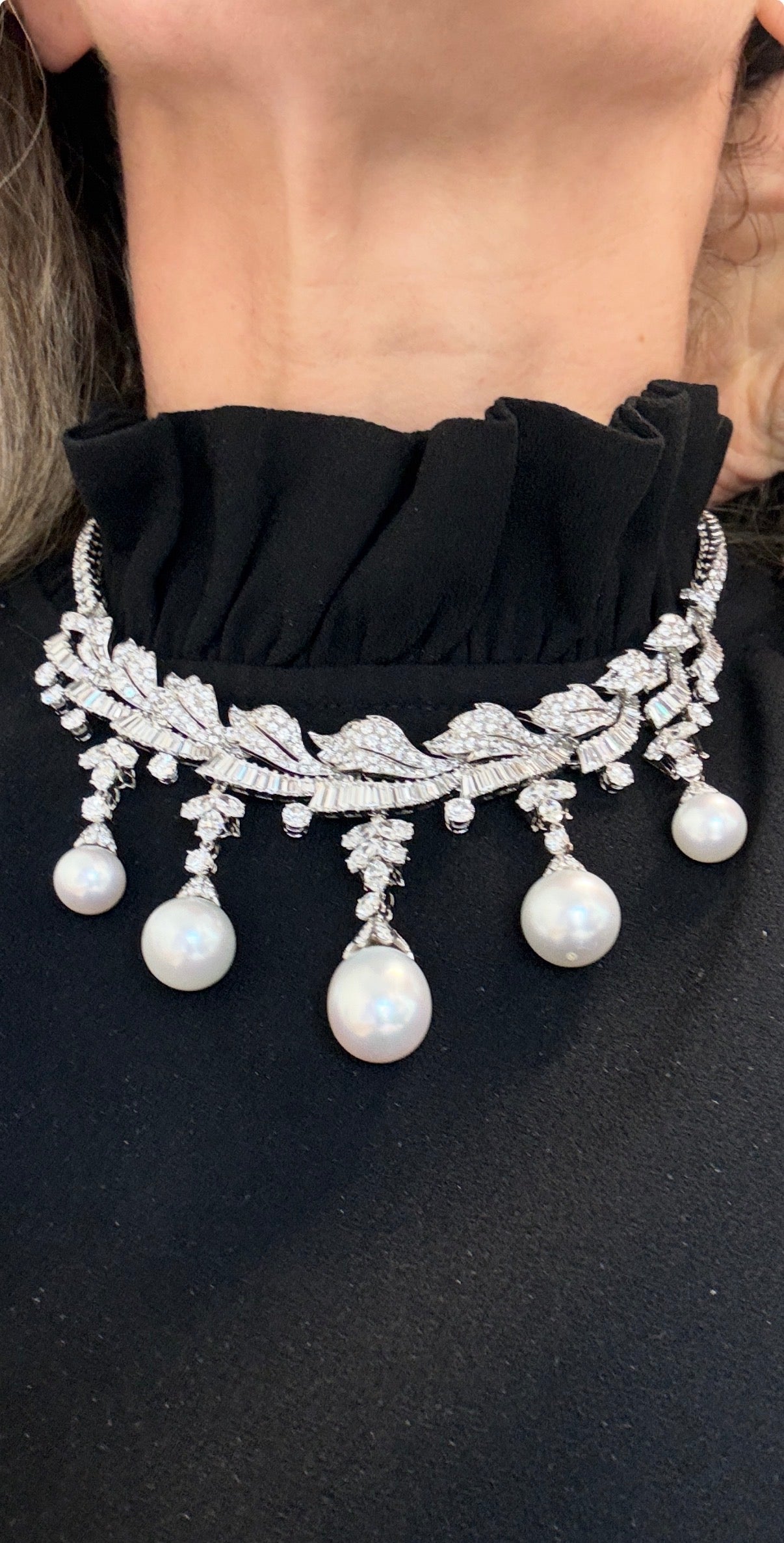 Platinum South Sea Pearl & Multi-Cut Diamond Fringe Festoon Necklace (106.5g)