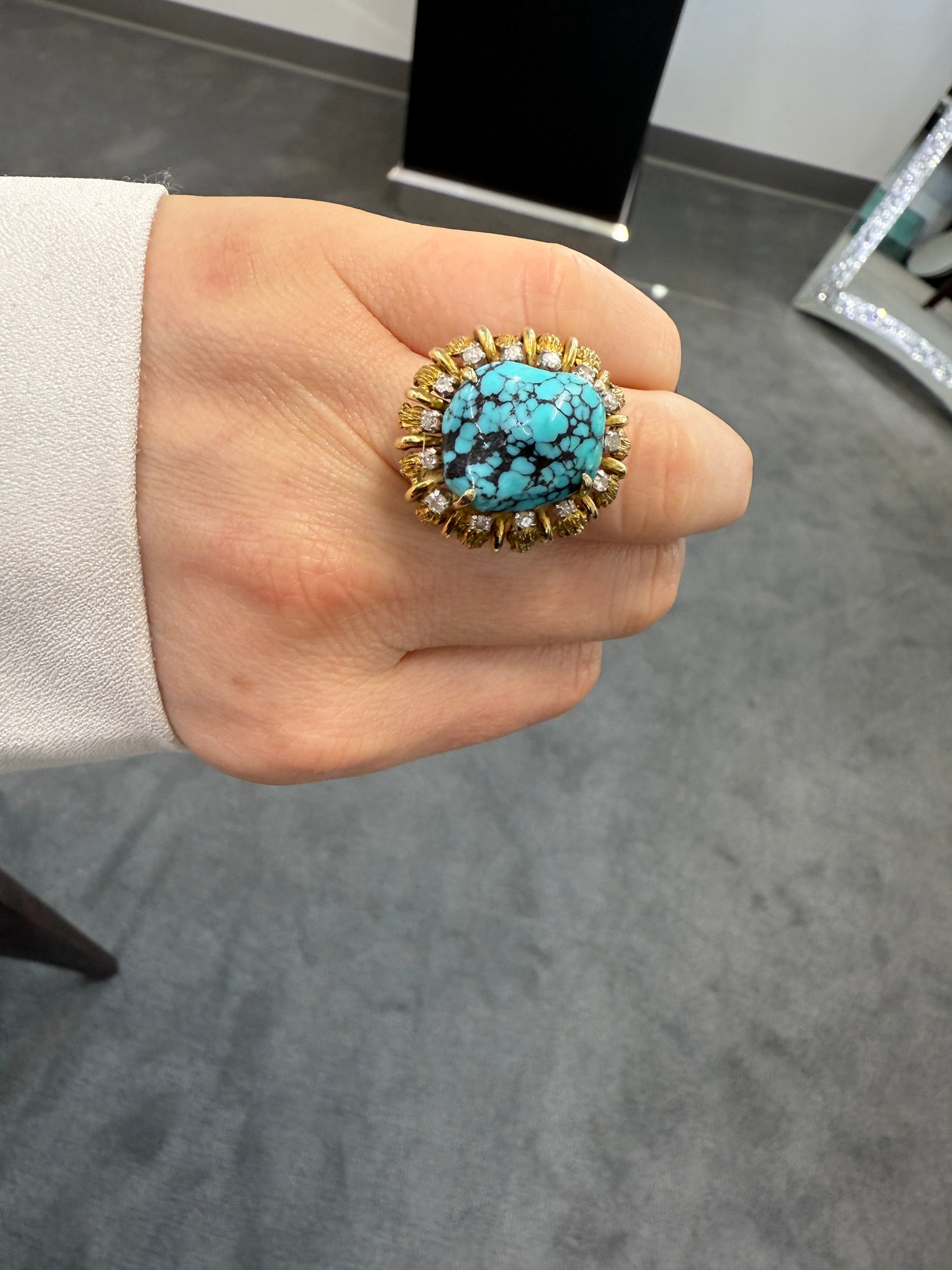 14K Gold Turquoise and Diamond Cocktail Ring, Retro Mid-Century Statement Ring, Size 6