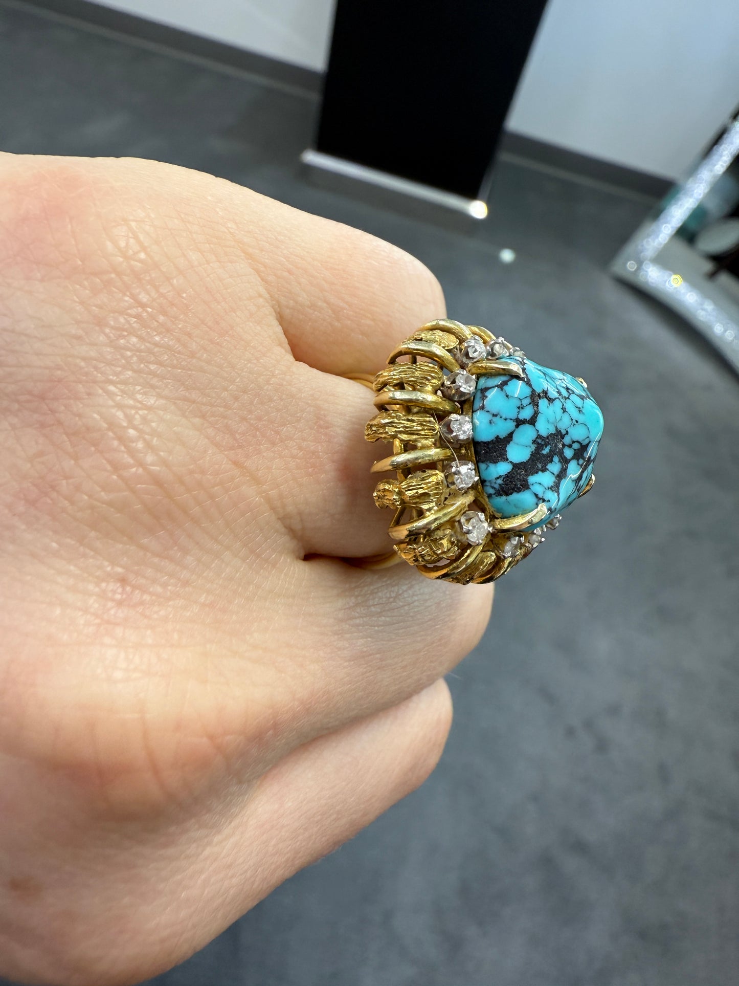 14K Gold Turquoise and Diamond Cocktail Ring, Retro Mid-Century Statement Ring, Size 6