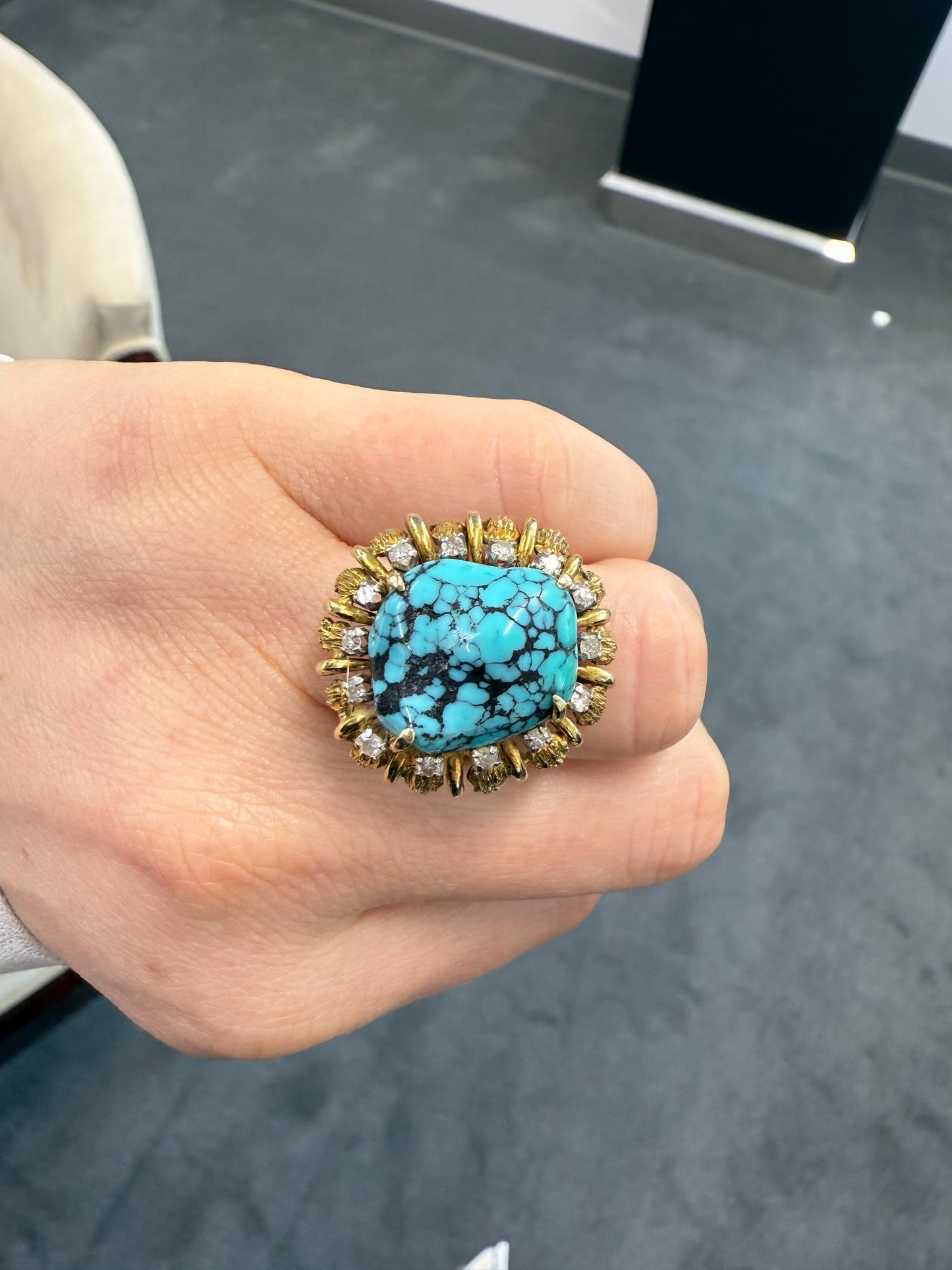 14K Gold Turquoise and Diamond Cocktail Ring, Retro Mid-Century Statement Ring, Size 6