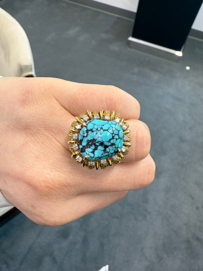 14K Gold Turquoise and Diamond Cocktail Ring, Retro Mid-Century Statement Ring, Size 6