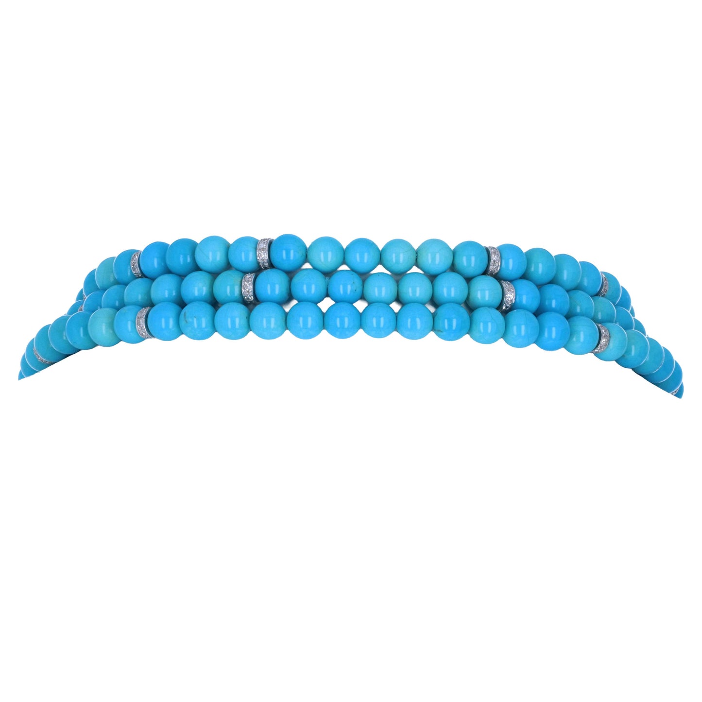 Meister Swiss 18k white gold 3-strand turquoise, pearl, and 9.60ctw diamond necklace and earring suite by Kantor Gems