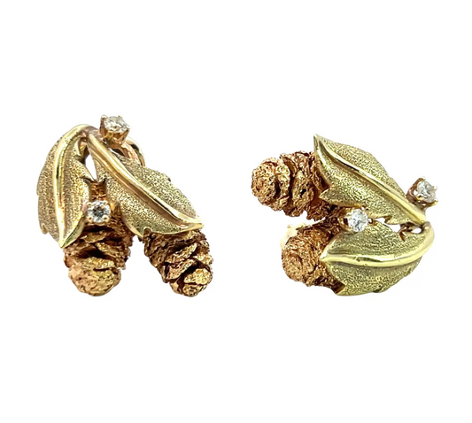 14k Yellow and Rose Gold Diamond Pinecone Leaf Lever-Back Earrings