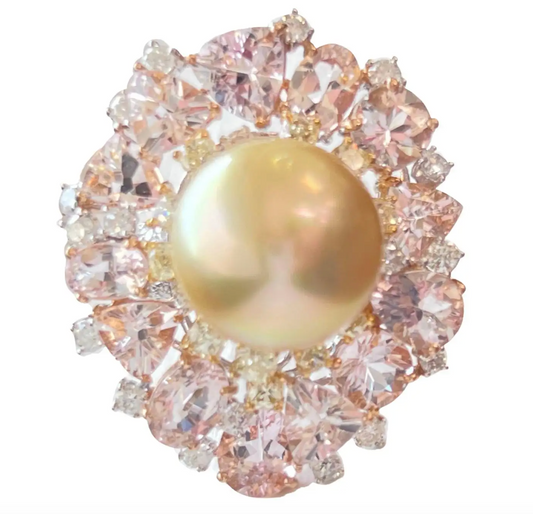 Yellow Diamond White Diamond Morganite Pearl Cocktail Ring