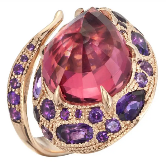 7.27 Carat Rose Rubellite and Amethyst Serpent Cocktail Dome Ring