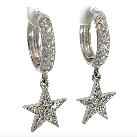 Diamond Star Hoop Earrings, 1.32 Carats, Pave Diamond Hoops