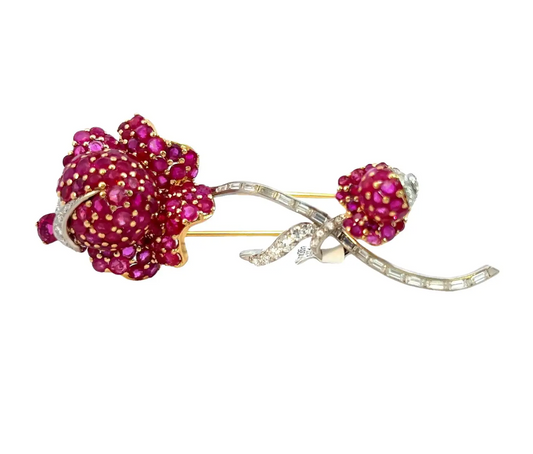 Retro Large Flower Ruby and Diamond Brooch Pin