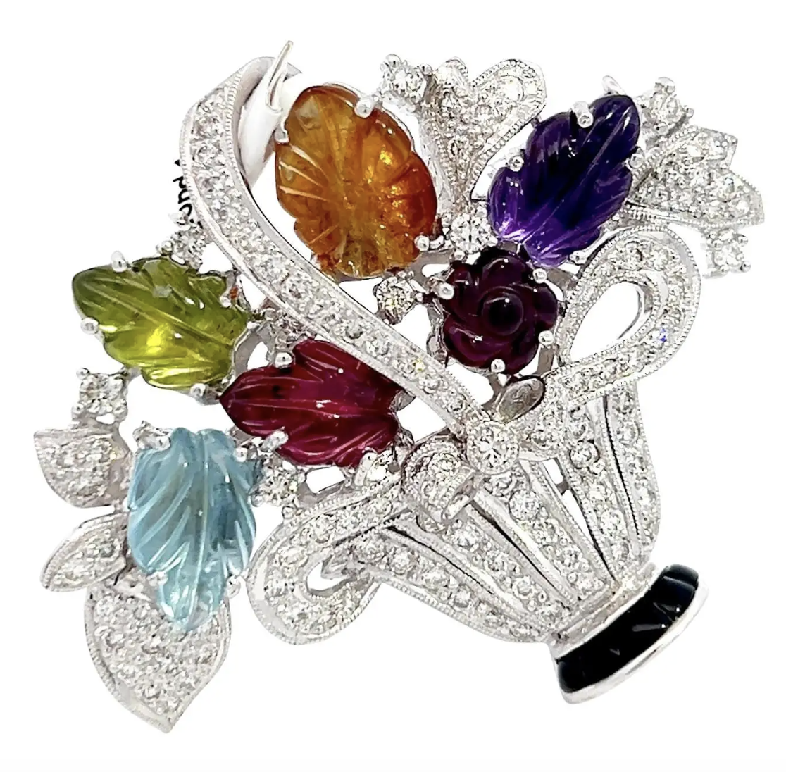 Art Deco Tutti Frutti Semiprecious Gemstone and Diamond Brooch