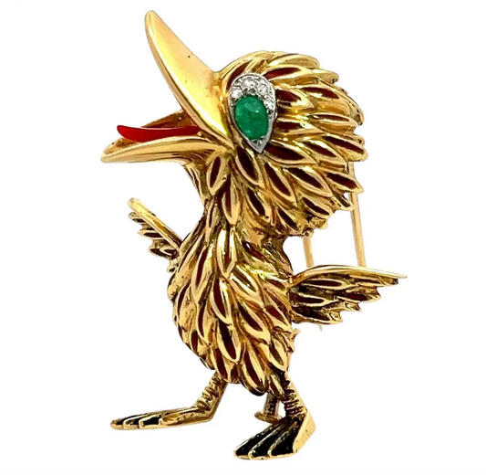 Retro Emerald Diamond Coral Enamel Bird Brooch