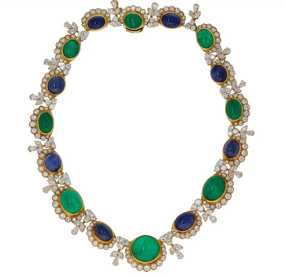 GIA Vintage Retro Sapphire Emerald Cabochon and Diamond Necklace