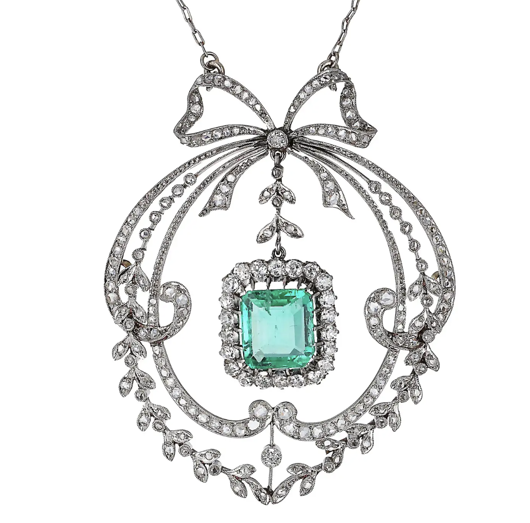 Antique Belle Époque Diamond and Emerald Pendant Necklace