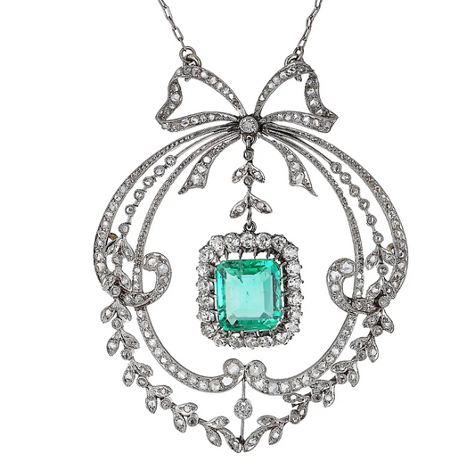 Antique Belle Époque Diamond and Emerald Pendant Necklace