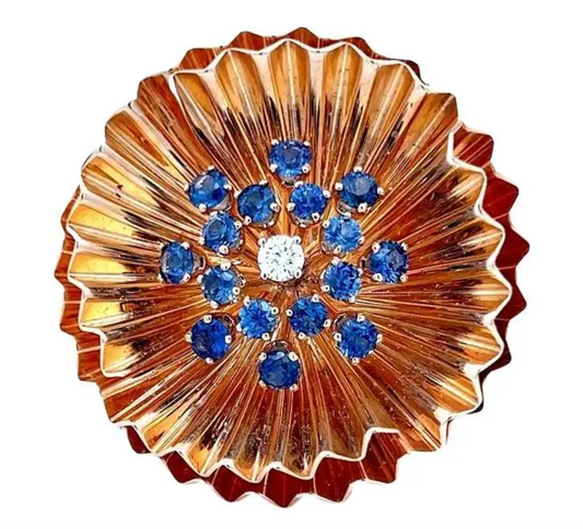 Diamond and Sapphire Yellow Gold Retro Brooch