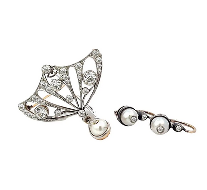 Antique Diamond and Pearl Platinum Brooch and Earrings Set