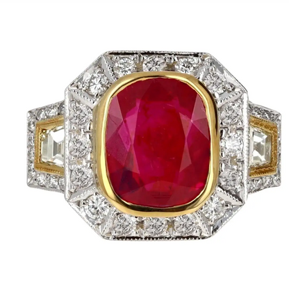 GIA Burma Ruby and Diamond Three Stone Cocktail Ring