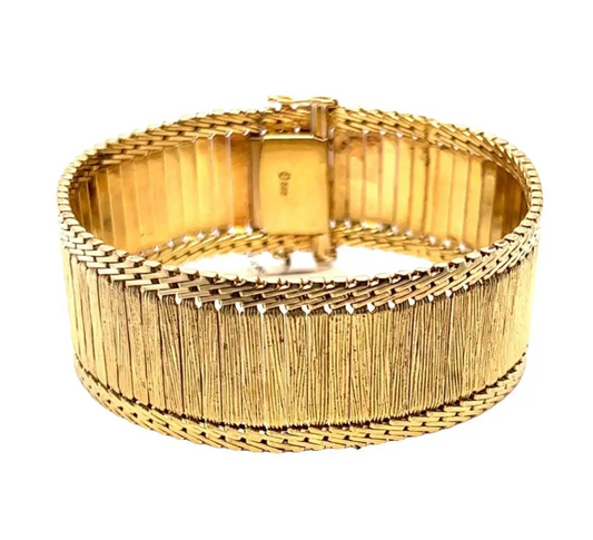 French Textured 14k Yellow Gold Retro Style Bracelet, Flexible Hinged Design