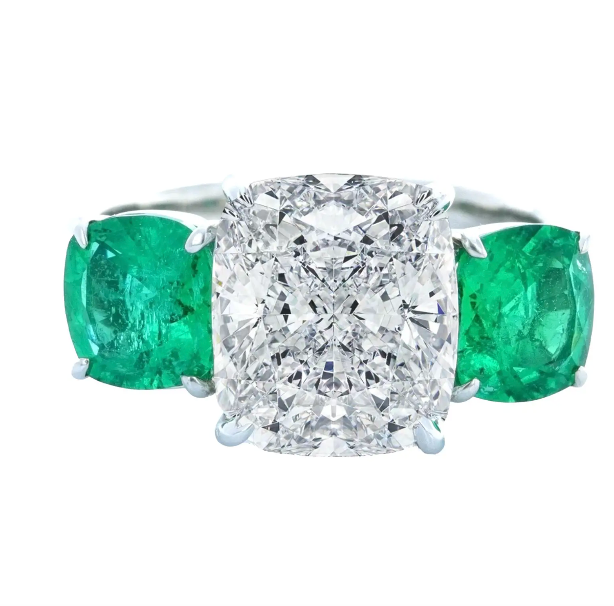 GIA Certified, Three-Stone Diamond and Emerald Ring