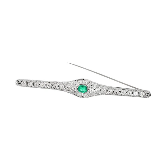 Art Deco Platinum Antique Emerald and Diamond Bar Brooch