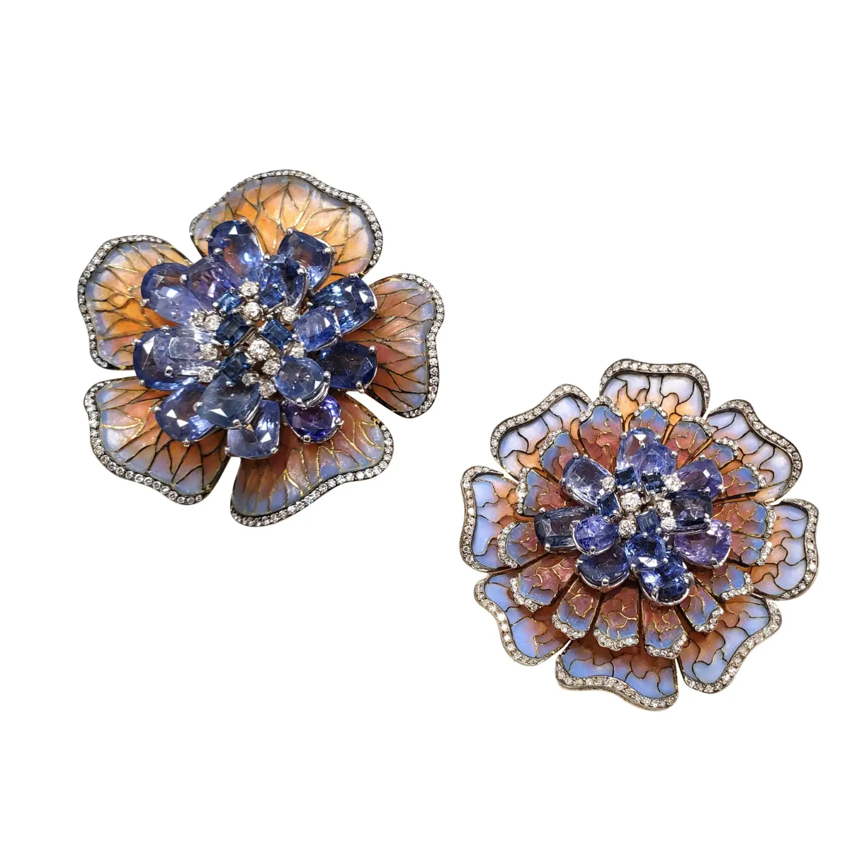 Moira of London, Plique-à-Jour Sapphire and Diamond Flower Pins/ Brooches