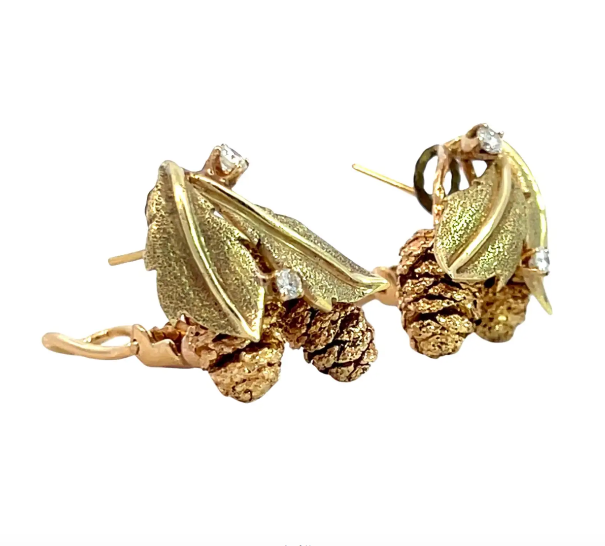 14k Yellow and Rose Gold Diamond Pinecone Leaf Lever-Back Earrings