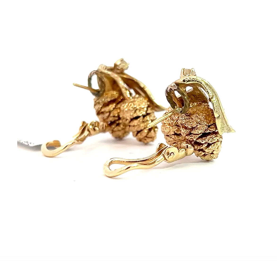 14k Yellow and Rose Gold Diamond Pinecone Leaf Lever-Back Earrings